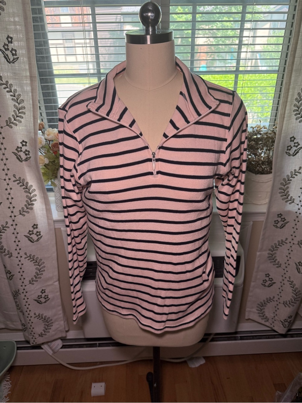 L.L. Bean Striped Half-Zip Long Sleeve Top - Pink/Blue